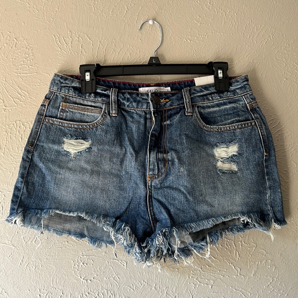 Cello Medium Wash Distressed Denim Shorts